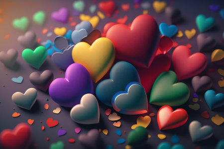Colorful hearts on black background. Valentines day background. 3D renderingの素材