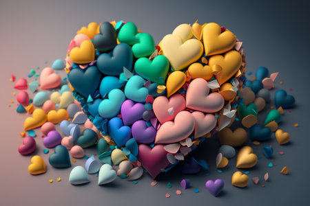 3d rendering of colorful hearts in a heart shape on a gray backgroundの素材