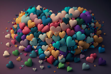 Colorful hearts on a dark background. 3D illustration. Render.の素材