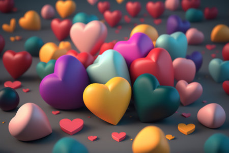 3d rendering of colorful hearts on a dark background with copy spaceの素材