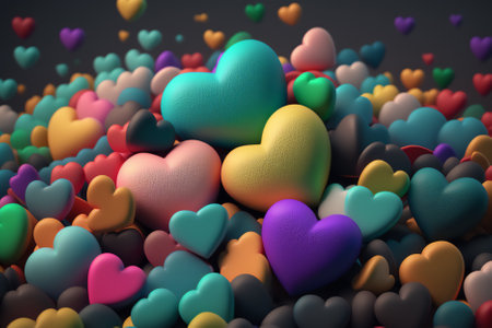 Colorful hearts on a dark background. 3d rendering, 3d illustration.の素材