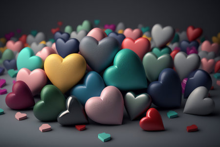 Colorful hearts on a dark background. 3D rendering image.の素材