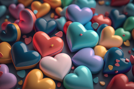 3d render of many colorful hearts on dark background. Valentine's day conceptの素材