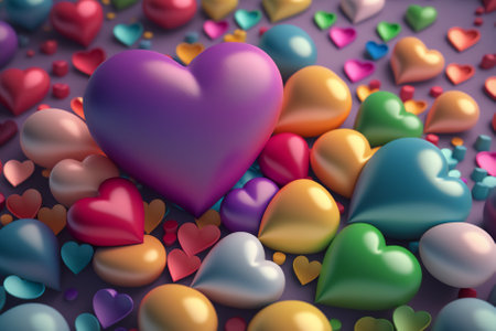 3d illustration of colorful hearts over purple background. Valentine's day conceptの素材