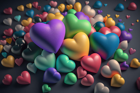 Colorful hearts on gray background. 3D illustration. love concept.の素材