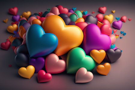 3d render of colorful hearts on gray background. Valentine's day conceptの素材