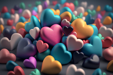 Colorful hearts on a gray background. 3d rendering, 3d illustration.の素材
