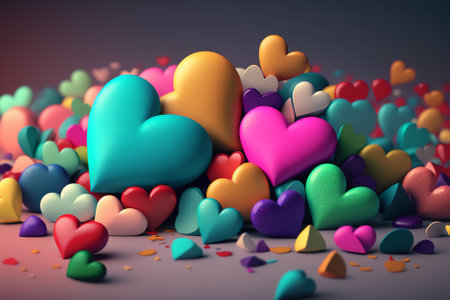 3d render of colorful hearts on a dark background with confettiの素材