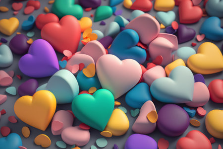 3d render of colorful hearts on gray background. valentines day conceptの素材