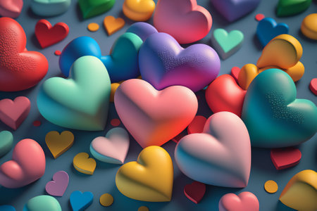 3d render of colorful hearts on blue background. valentines day conceptの素材