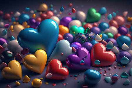3d rendering of colorful hearts and confetti on a dark backgroundの素材
