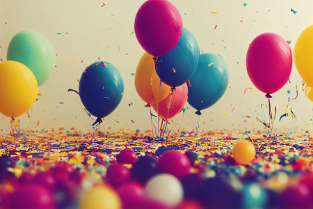 Colorful balloons and confetti on white background, retro tonedの写真素材