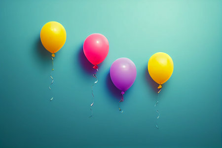 Colorful balloons on the blue background. Flat lay, top view.の写真素材