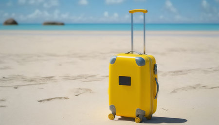 Yellow suitcase on the sandy beach. vacation and travel concept.の写真素材