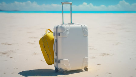 Suitcase on the white sand beach with blue sky background.の写真素材