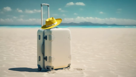 Suitcase with hat on the sandy beach. vacation conceptの写真素材