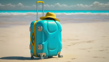 Blue suitcase with yellow hat on the sandy beach. vacation conceptの写真素材