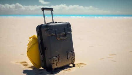 Travel suitcase on the beach with footprints in the sand. travel conceptの写真素材