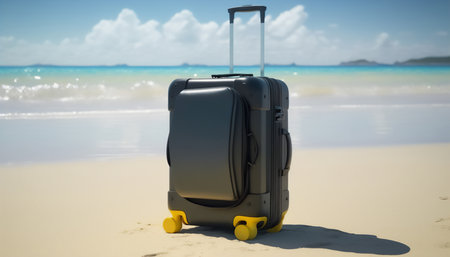 Suitcase on the beach in summer. 3d rendering.の写真素材
