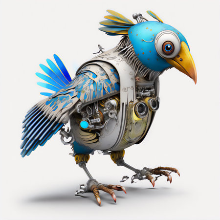 3d rendering of a blue parrot with a robot engine on a white backgroundの素材