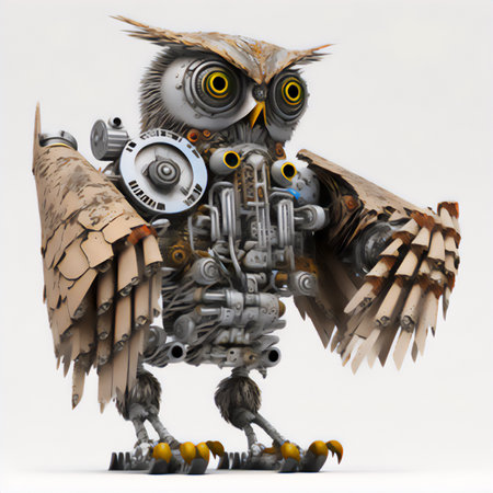 3D render of an owl with a mechanical gearbox on a white backgroundの素材