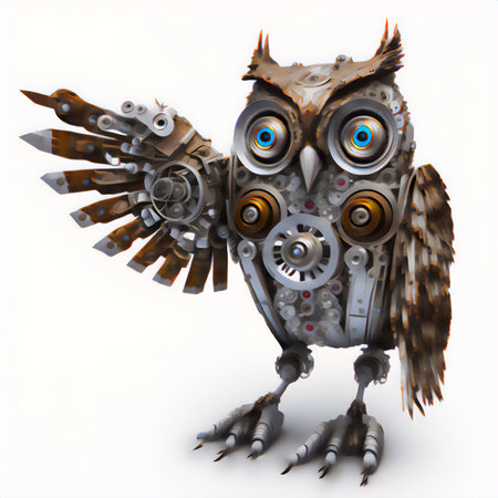 3D rendering of an owl with gears and cogwheels on a white backgroundの素材