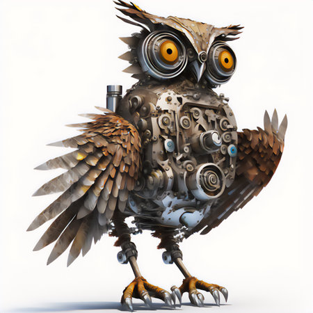 Owl made of metal and wood on a white background. 3d renderingの素材