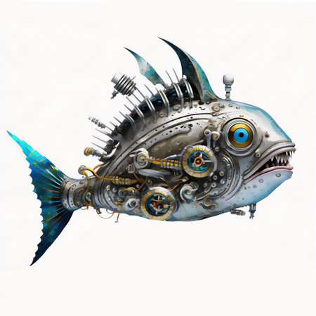 3D Illustration of a Futuristic Fish with a White Backgroundの素材