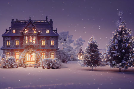 Christmas and New Year background. Winter landscape with Christmas trees and house.の素材