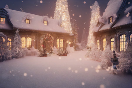 Snowy night in the village. winter landscape. Christmas background.の素材