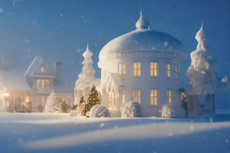 Beautiful winter landscape with snow-covered houses and christmas treesの素材