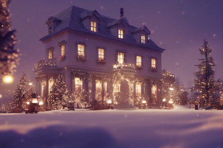 Christmas and New Year background. Beautiful house in the snowy forest.の素材