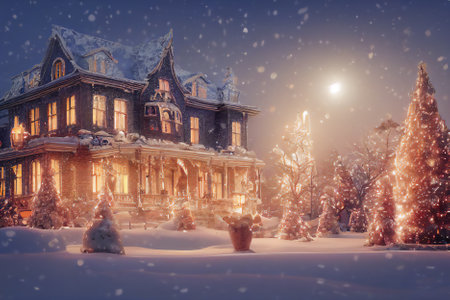 Beautiful winter landscape with snow-covered trees and house at night.の素材