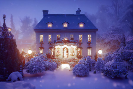Winter night in the city. Christmas decorations in the form of a house.の素材