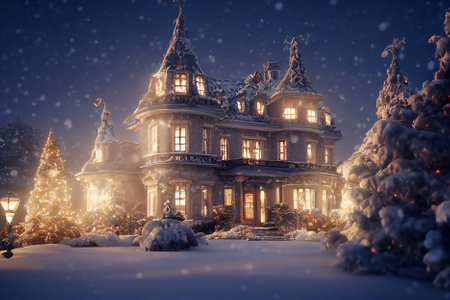 Christmas and New Year holidays background. Winter landscape with beautiful old house in the snow.の素材