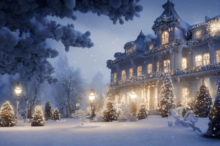 Winter landscape with snow-covered trees and old house in the evening.の素材