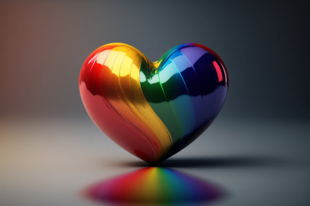 3d rendering of a rainbow heart on a gray background with reflectionsの写真素材