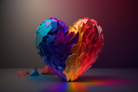 3d rendering of multicolored polygonal heart on dark backgroundの写真素材