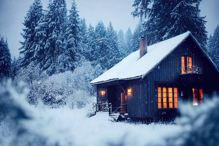 Old wooden house in winter forest at night. beautiful winter landscape.の素材