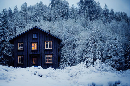 Wooden house in the winter forest. Wooden house in the mountains.の素材