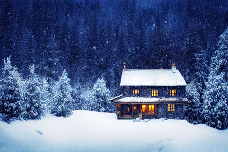 Beautiful wooden house in winter forest, Carpathians, Ukraineの素材