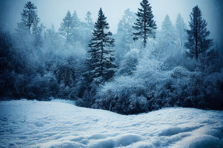 Winter landscape with fir trees covered with fresh snow in foggy forestの素材