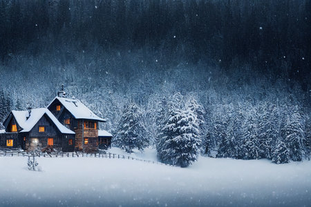 Winter landscape with old wooden house in the forest. Christmas background.の素材