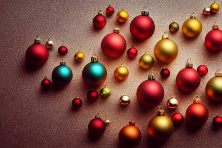 Colorful christmas baubles on brown background. top viewの写真素材