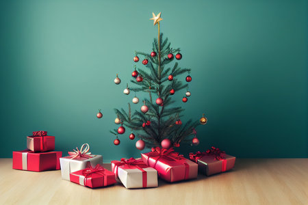 Christmas tree with gifts on green wall background. 3D Renderingの写真素材