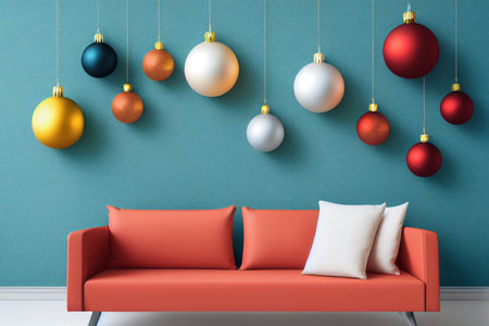 Red sofa and christmas balls on blue wall. 3d renderingの写真素材