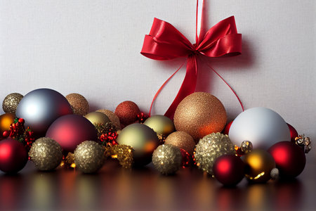 Christmas decoration with baubles and ribbon on a white background.の写真素材
