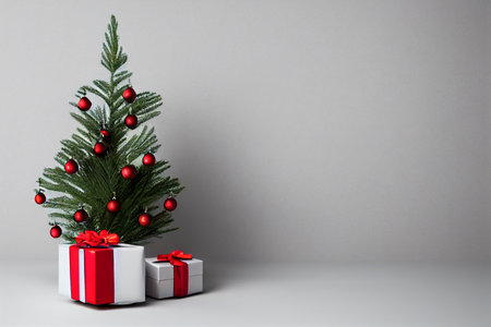 Christmas tree and gift boxes on gray background. 3D rendering.の写真素材