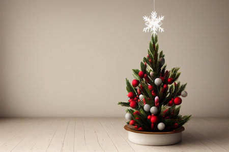 Christmas tree with red and white balls and snowflakes, 3d renderの写真素材
