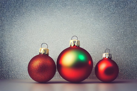 Three red and gold christmas balls on silver background with copy spaceの写真素材